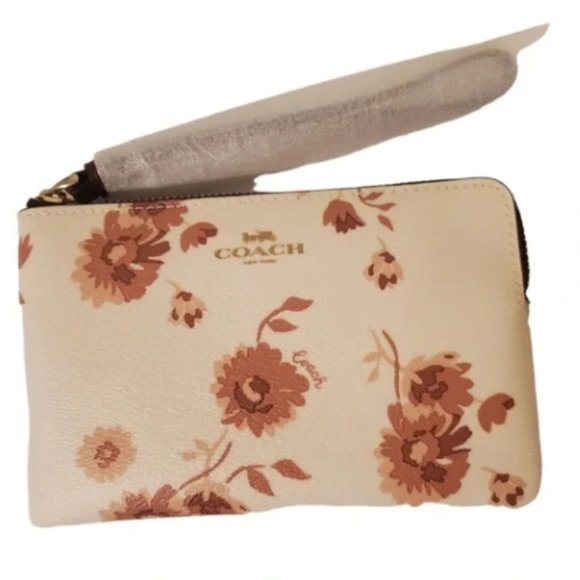 NWOT. Coach Leather Floral Wristlet w/ zipper + neutral browns + creams. - Picture 2 of 4